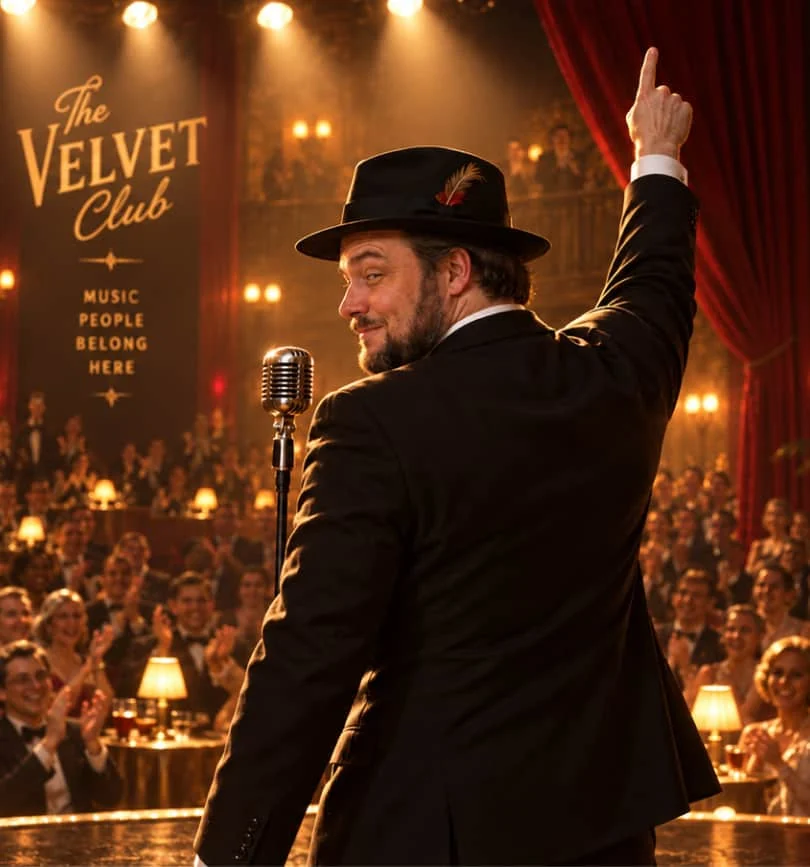 Bruce performing in front of a cheering crowd at the Velvet Club