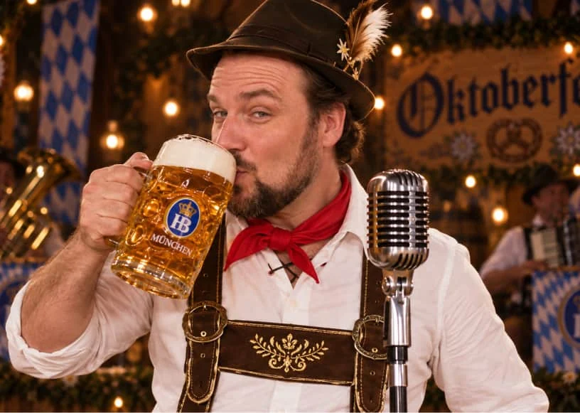 Bruce enjoying an Oktoberfest beer stein on stage